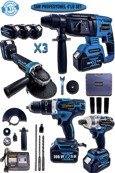 stanrayf Brushless 4 Lü Set 598 Vf 25 Ah 3 X Akü Kırıcı Delici Bijon Somun Sıkma Sökme Taşlama Darbeli Matkap ürün görseli 1