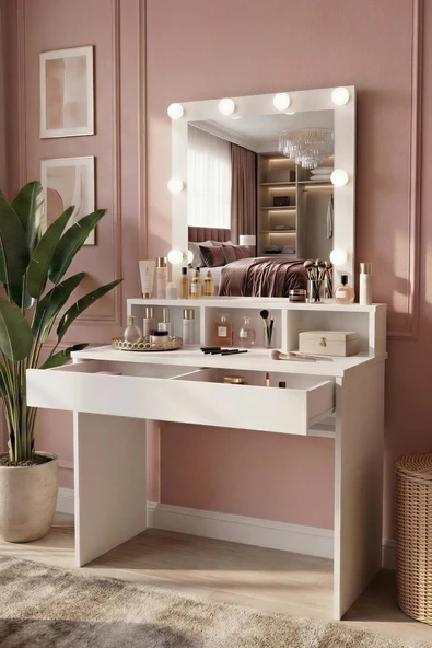 Luna Aynalı Makyaj Masası / Hollywood Işıklı, Çekmeceli, Raflı Kulis Masası ürün görseli 1