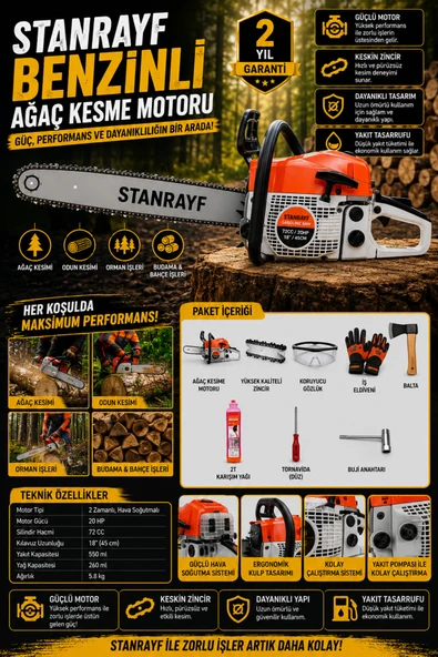 stanrayf Alman MG756 Tam Prof 72cc Çift Eğzozlu Çelik Piston Ağaç Dal Kesim Benzinli Hızar Ağaç Kesme Motoru Makinesi + Balta Hediyeli ürün görseli 1