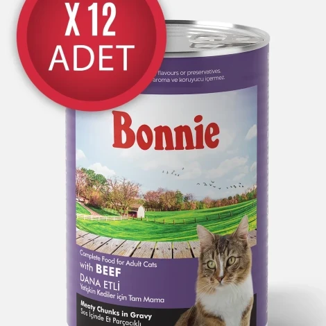Bonnie Biftekli Sos İçinde Et Parçacıklı Yetişkin Kedi Konserve Yaş Mama 400 Gr x 12 Adet ürün görseli 1