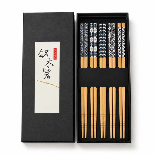 Valkyrie 5 Çift Doğal Ahşap Yemek Çubuğu Seti Japon Desenli Kaymaz Uçlu Kutulu 22,5cm Chopstick Seti ürün görseli 1
