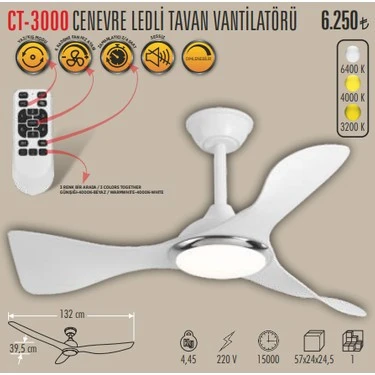 CATA CT-3000 CENEVRE LED TAVAN VANTİLATÖR SESSİZ BEYAZ ürün görseli 1