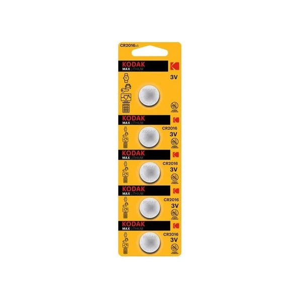 Kodak CR2016 3V Lityum Düğme Pil 5'li Paket  DL2016 ECR2016 BR2016 Uyumlu Saat ve Kumanda Pili ürün görseli 1