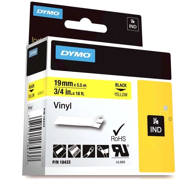 Dymo Rhino Pro Etiketi Renkli Vinil 19 MMx5,5 MT Sarı Üzerine Siyah 18433 ürün görseli 1