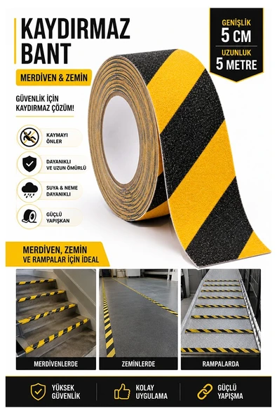 Merdiven Kaydırmaz Bant Sarı Siyah 50mm 1 Adet Mas Güvenlik Uyarı Bandı 5 Metre 5 cm Yapışkanlı Basamak Mermer Beton ürün görseli 1