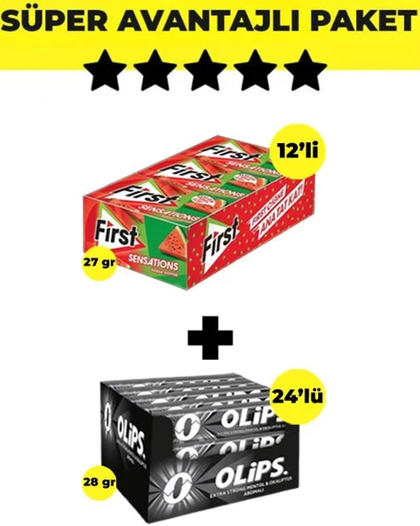 First Sensations Karpuz Aromalı Sakız (27gr x 12 Adet)- Olips Keskin Mentol 24'lü Paket (28gr x 24 Adet) ürün görseli 1