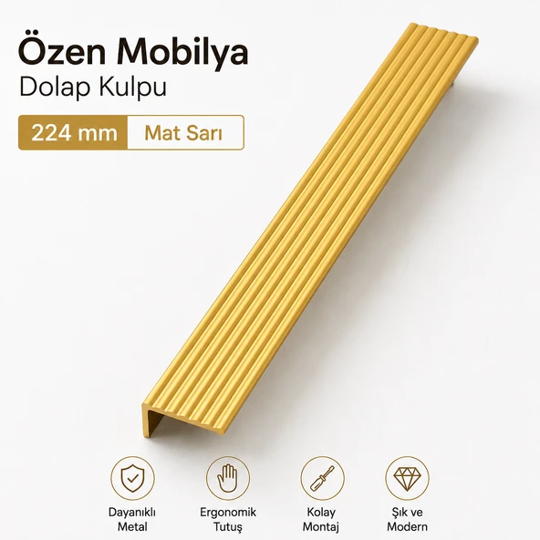 Özen Çizgili Mat Sarı Metal (224 mm - 22.4 cm) Çekmece Kulbu Mobilya Dolap Dolabı Kulpu Kulpları ürün görseli 1