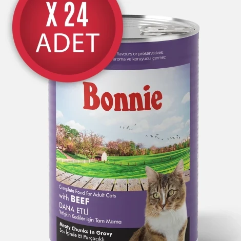 Bonnie Biftekli Sos İçinde Et Parçacıklı Yetişkin Kedi Konserve Yaş Mama 400 Gr x 24 Adet ürün görseli 1