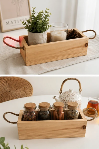 Çok Amaçlı Ahşap Dekoratif Düzenleyici Sepet 30x14 cm | Doğal Çam Ağacı | Jüt İp Kulplu ürün görseli 1