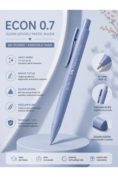 Faber-Castell Econ 0.7 Pastel Uçlu Kalem Silgili | Üçgen Gövde, Silgili, Ergonomik Tutuş, Okul Ofis ve Günlük Kullanım ürün görseli 1