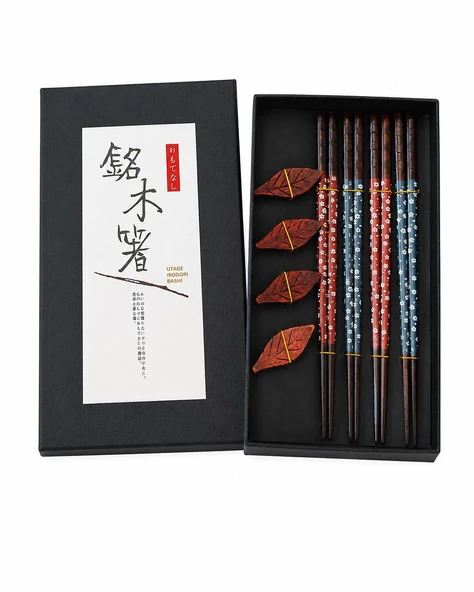 Valkyrie 4 Çift Doğal Ahşap Yemek Çubuğu Seti 8 Adet Japon Chopstick 4 Yaprak Ahşap Tutacak, Kutulu 22,5cm ürün görseli 1