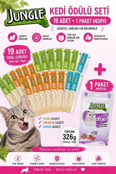 Jungle Kedi Ödülü Avantaj Seti 19'lu Creamy Stick + Crunch Strong Bones 60 gr Tavuk Somon Ton Balıklı 326 gr ürün görseli 1