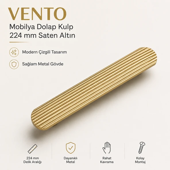 Vento Çizgili Saten Altın Metal (224 mm - 22.4 cm) Çekmece Kulbu Mobilya Dolap Dolabı Kulpu Kulpları ürün görseli 1