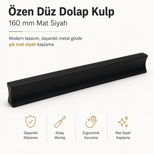 Özen Düz Mat Siyah Metal (160 mm - 16 cm) Çekmece Kulbu Mobilya Dolap Dolabı Kulpu Kulpları ürün görseli 1