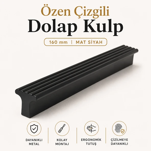 Özen Çizgili Mat Siyah Metal (160 mm - 16 cm) Çekmece Kulbu Mobilya Dolap Dolabı Kulpu Kulpları ürün görseli 1