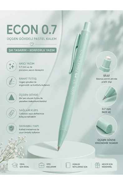 Faber-Castell Econ 0.7 Pastel Uçlu Kalem Silgili | Üçgen Gövde, Silgili, Ergonomik Tutuş, Okul Ofis ve Günlük Kullanım ürün görseli 1
