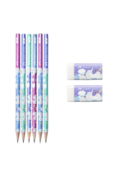 Faber-Castell Unicorn 2B Yuvarlak Kurşun Kalem 6 Adet ve 2 Adet Silgi ürün görseli 1