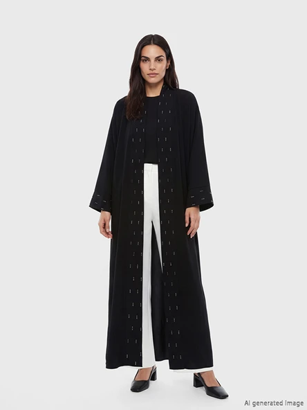 LCW Modest Siyah Şal Yaka Taşlı Oversize Kadın Kimono ürün görseli 1