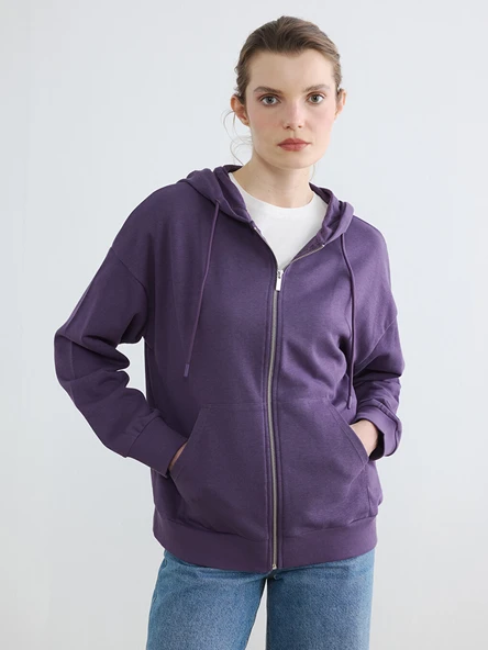 LCWAIKIKI Basic Mor Kapüşonlu Oversize Kadın Fermuarlı Sweatshirt ürün görseli 1