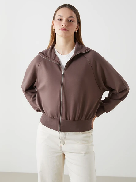 LCWAIKIKI Classic Kahverengi Dik Yaka Oversize Kadın Fermuarlı Sweatshirt ürün görseli 1