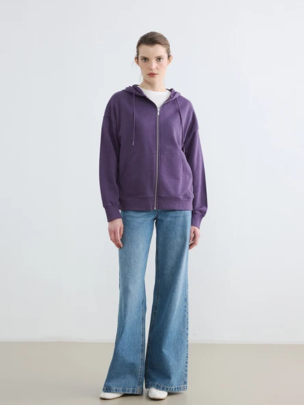 LCWAIKIKI Basic Mor Kapüşonlu Oversize Kadın Fermuarlı Sweatshirt - Resim 2