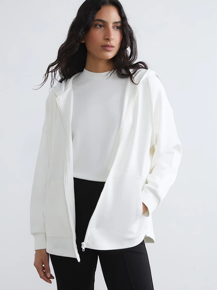 LCW Modest Bej Kapüşonlu Soft Touch Kadın Fermuarlı Sweatshirt ürün görseli 1