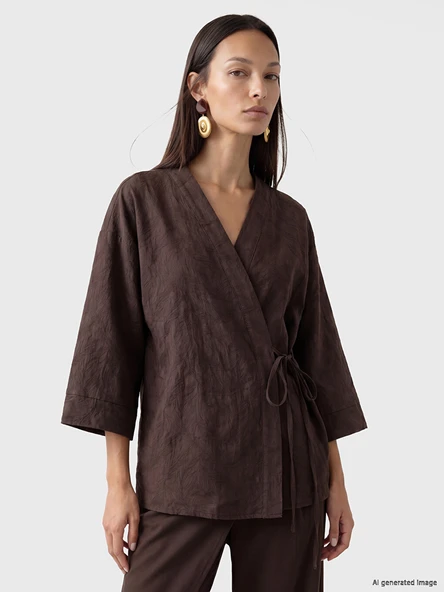LCW EVERYDAY Kahverengi Kruvaze Yaka Oversize Kadın Kimono ürün görseli 1