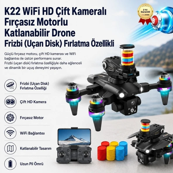K22 WiFi HD Çift Kameralı Fırçasız Motorlu Katlanabilir Drone Frizbi (Uçan Disk) Fırlatma Özellikli ürün görseli 1