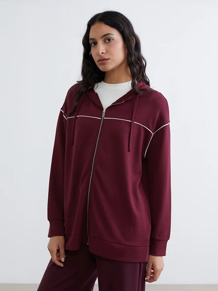 LCW Modest Bordo Kapüşonlu Oversize Kadın Fermuarlı Sweatshirt ürün görseli 1