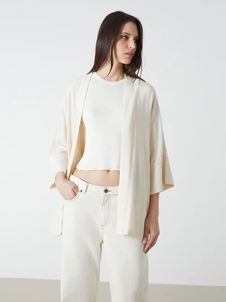 LCW Vision Bej Şal Yaka Düz Oversize Keten Görünümlü Kadın Kimono ürün görseli 1