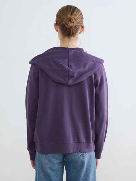 LCWAIKIKI Basic Mor Kapüşonlu Oversize Kadın Fermuarlı Sweatshirt - Resim 4