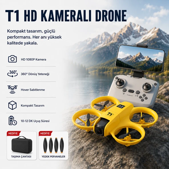 Sarı T1 HD Kameralı  360° Dönüşlü Taşınabilir Kompakt Drone ürün görseli 1