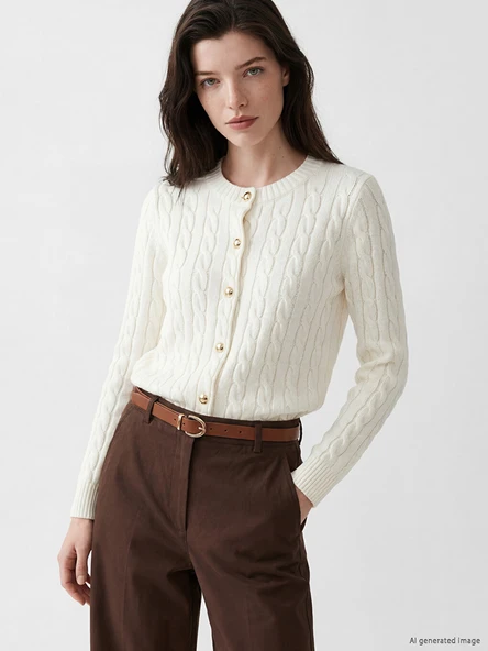 LCW Comfort Ekru Saç Örgüsü Desenli Kadın Triko Hırka ürün görseli 1