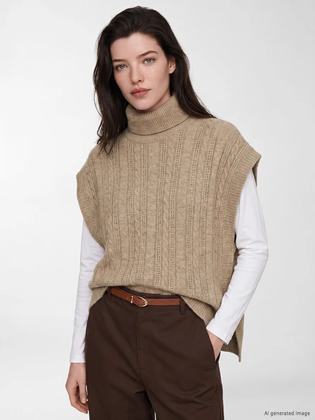 LCW Comfort Kahverengi Balıkçı Yaka Desenli Kadın Triko Süveter ürün görseli 1