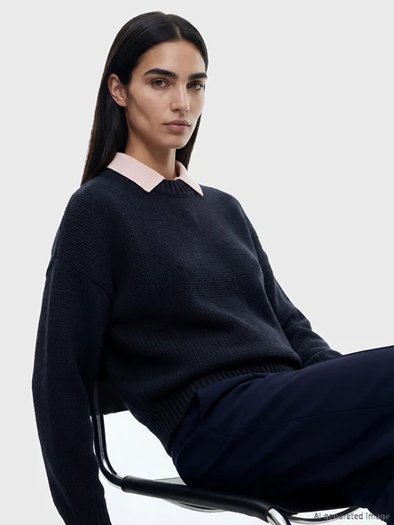 LCW Vision Lacivert Bisiklet Yaka Oversize Kadın Triko Kazak ürün görseli 1