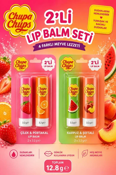 Chupa Chups 4'lü Lip Balm Dudak Bakım Seti 3.2 gr x 4 Adet - Çilek, Portakal, Karpuz ve Şeftali Aromalı ürün görseli 1
