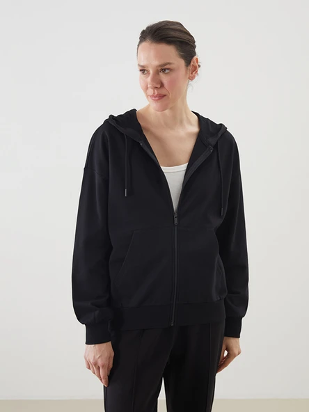 LCWAIKIKI Basic Siyah Kapüşonlu Oversize Kadın Fermuarlı Sweatshirt ürün görseli 1
