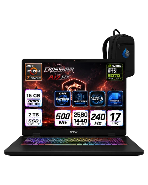 MSI Crosshair A17 Hx Amd Ryzen 7 8840HX 16 GB 2 TB SSD RTX5070/8GB 115W 17'' QHD+ 240Hz Windows 11 Pro Taşınabilir Bilgisayar D8WGKGRNP03 ürün görseli 1