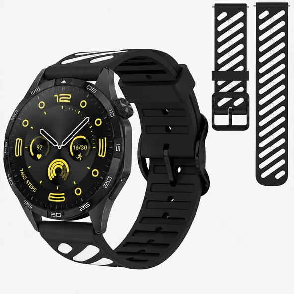 Huawei Watch GT 4 46 mm Uyumlu Çift Renkli Delikli Silikon Spor Kordon  Beyaz ürün görseli 1