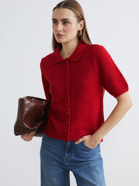 LCW EVERYDAY Kırmızı Polo Yaka Kadın Triko Hırka ürün görseli 1