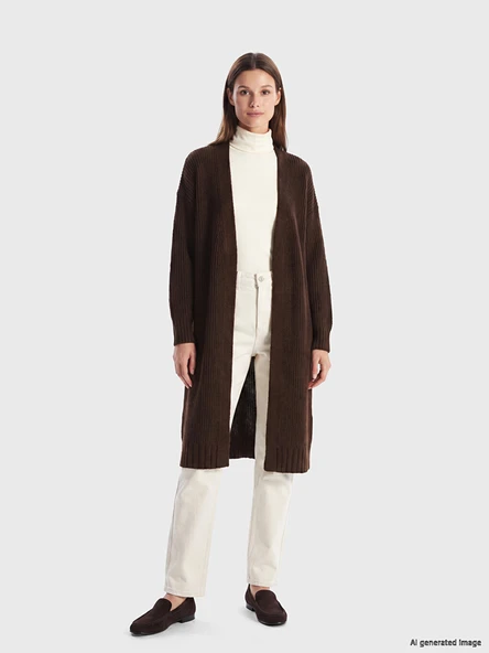 LCW Modest Kahverengi Şal Yaka Oversize Kadın Triko Hırka ürün görseli 1