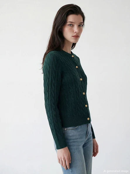 LCW Comfort Yeşil Bisiklet Yaka Desenli Kadın Triko Hırka ürün görseli 1