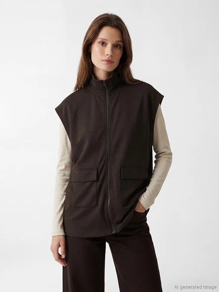 LCW Modest Kahverengi Dik Yaka Oversize Büzgülü Kadın Yelek ürün görseli 1