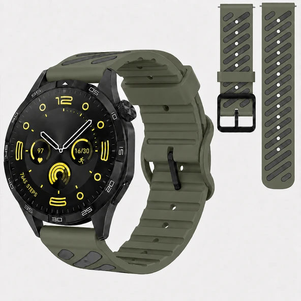 Huawei Watch GT 4 46 mm Uyumlu Çift Renkli Delikli Silikon Spor Kordon  Haki ürün görseli 1