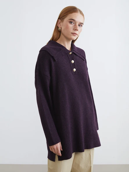LCW Modest Bordo Polo Yaka Kadın Triko Kazak ürün görseli 1