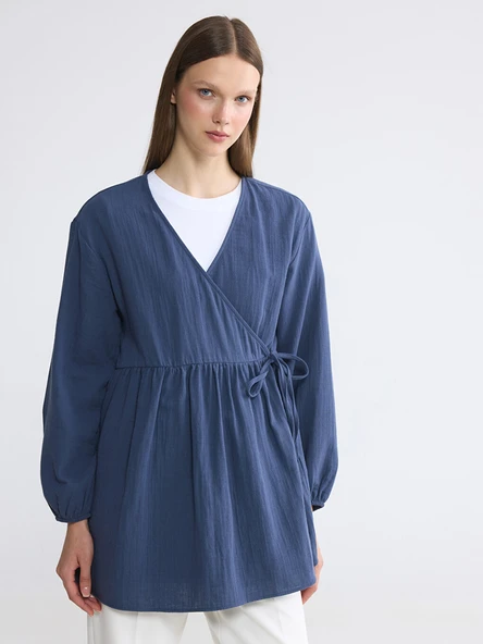 LCW Modest Lacivert Kruvaze Yaka Dokulu Kadın Kimono ürün görseli 1