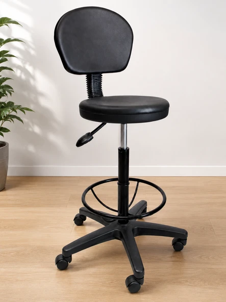 Ergonomik Yükseklik Ayarlı Tekerlekli Ofis Koltuğu, Siyah Ayak Destek Halkalı Çalışma Taburesi ürün görseli 1