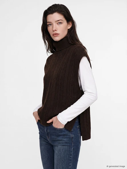 LCW Comfort Kahverengi Balıkçı Yaka Desenli Kadın Triko Süveter ürün görseli 1