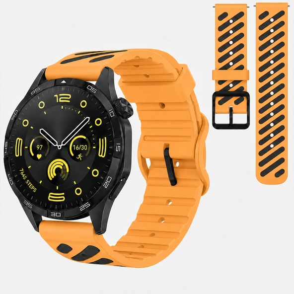 Huawei Watch GT 4 46 mm Uyumlu Çift Renkli Delikli Silikon Spor Kordon  Turuncu ürün görseli 1