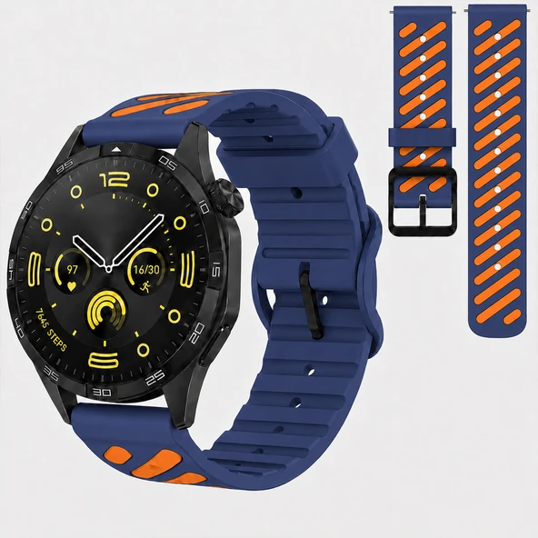 Huawei Watch GT 4 46 mm Uyumlu Çift Renkli Delikli Silikon Spor Kordon  Lacivert ürün görseli 1